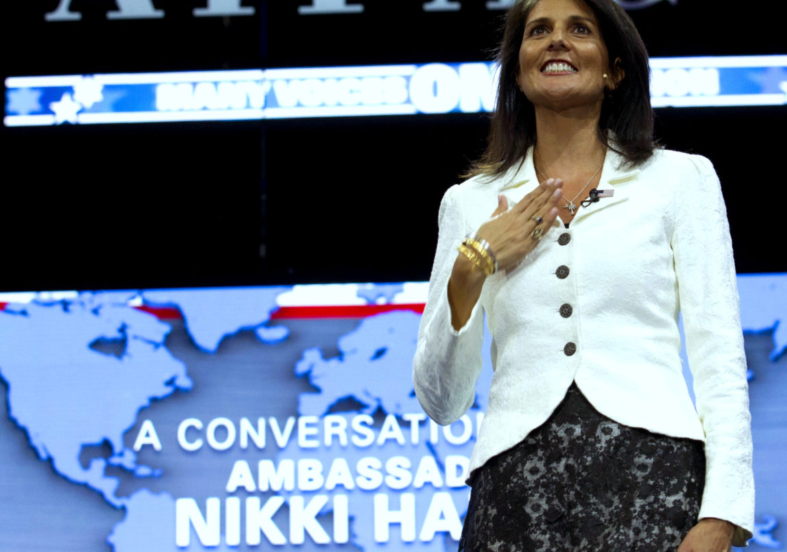 Ambassador to the United Nations Nikki Haley waves to the crowd before she speaks at the 2017 American Israel Public Affairs Committee (AIPAC) Policy Conference held at the Verizon Center in Washington, Monday, March 27, 2017. (AP/Jose Luis Magana)
