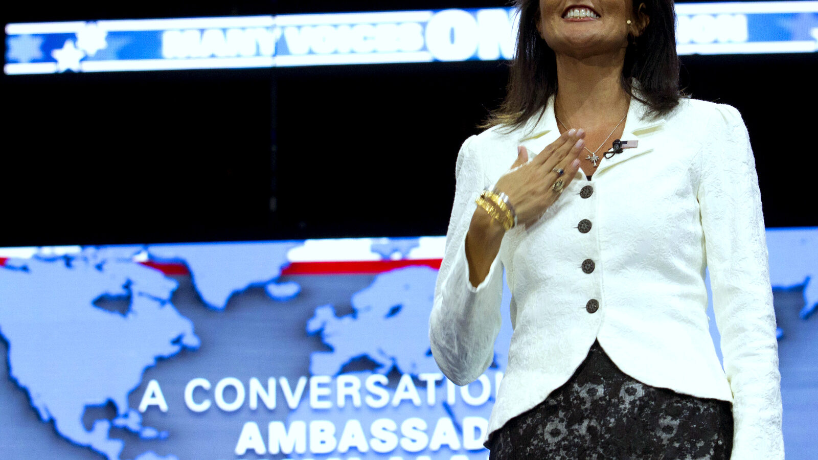 Ambassador to the United Nations Nikki Haley waves to the crowd before she speaks at the 2017 American Israel Public Affairs Committee (AIPAC) Policy Conference held at the Verizon Center in Washington, Monday, March 27, 2017. (AP/Jose Luis Magana)