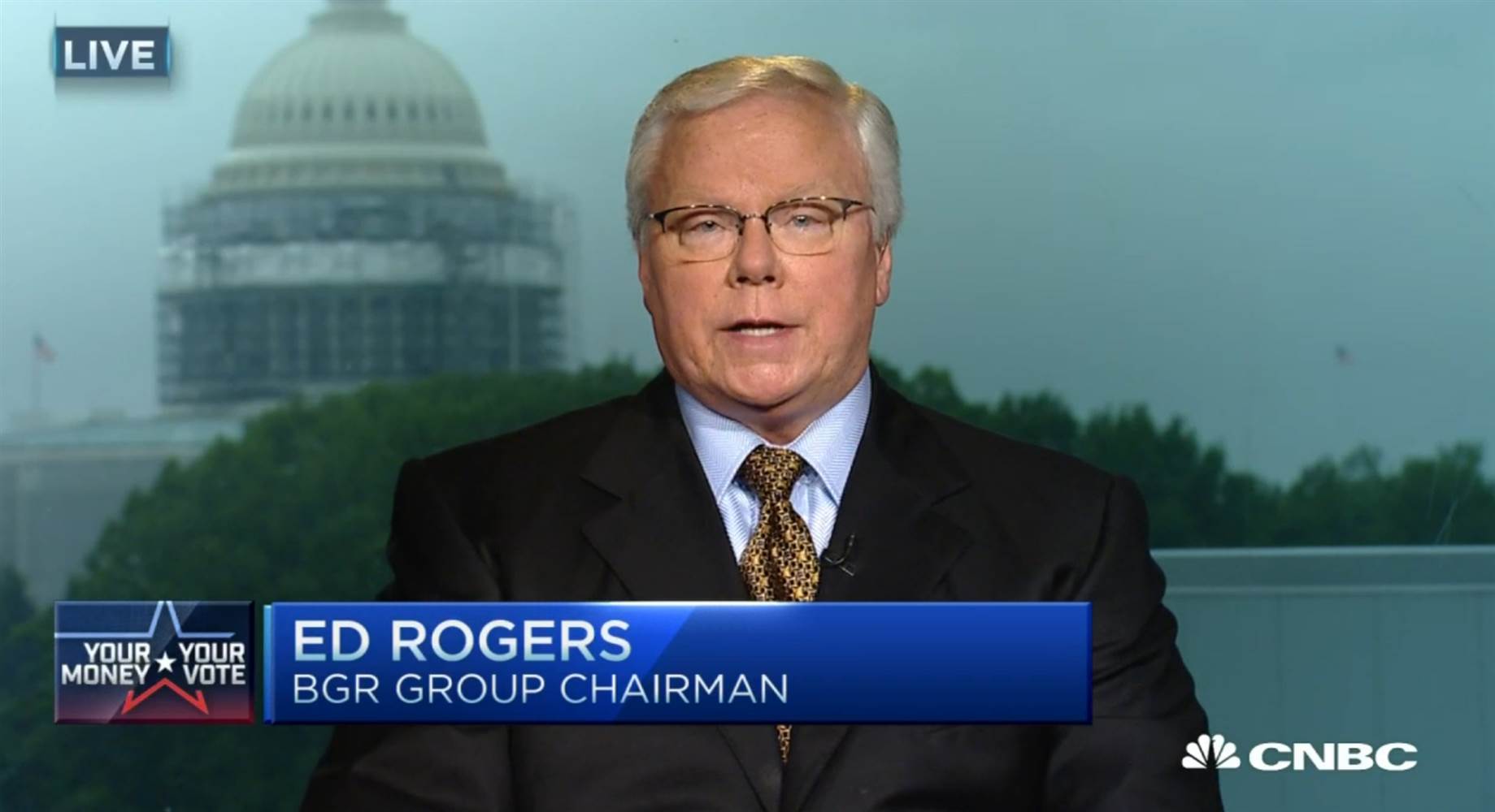 Raytheon lobbyist and Washington Post contributor Ed Rogers appears on CBNC (screenshot).