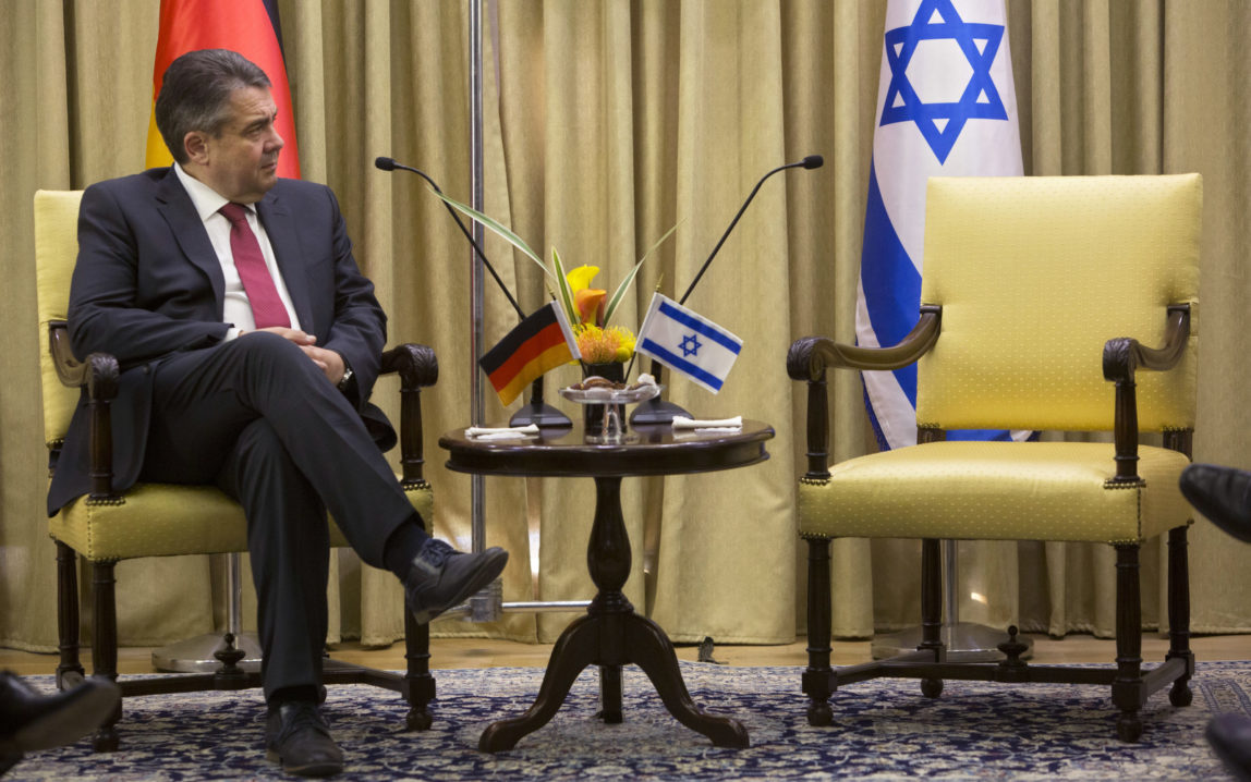 German Foreign Minister, Sigmar Gabriel looks on during his meeting with Israel's President, Reuven Rivlin at the President's residence in Jerusalem, April 25, 2017. (AP/Sebastian Scheiner)