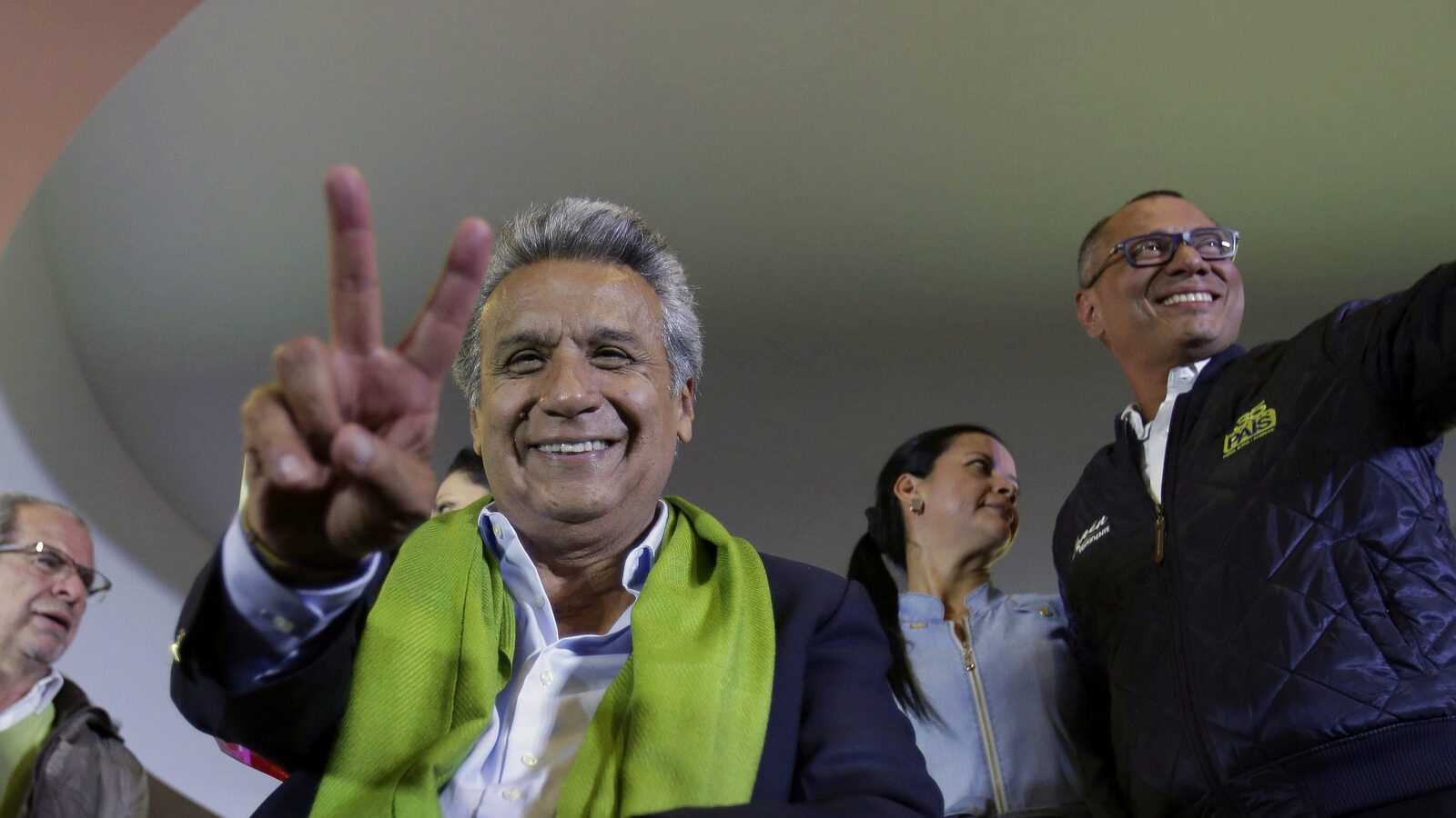 Alianza PAIS's presidential candidate Lenin Moreno, left, and his running mate Jorge Glas smile end of the day of the presidential election, in Quito, Ecuador, Sunday, April 2, 2017. (AP/Dolores Ochoa)