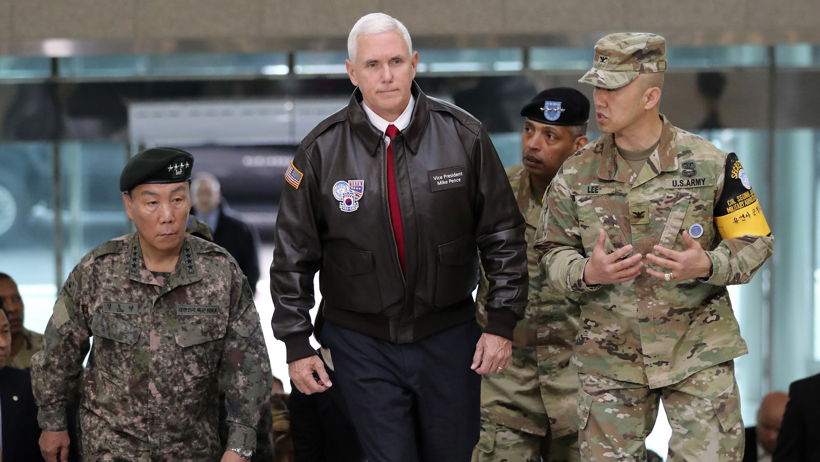 U.S. Vice President Mike Pence arrives at the border village of Panmunjom in the Demilitarized Zone (DMZ) which has separated the two Koreas since the Korean War, South Korea, Monday, April 17, 2017. (AP/Lee Jin-man)