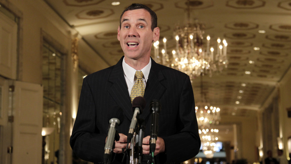 Mark Regev, spokesman for Israeli Prime Minister Benjamin Netanyahu, tells speaks to reporters, in Washington (AP/J. Scott Applewhite)