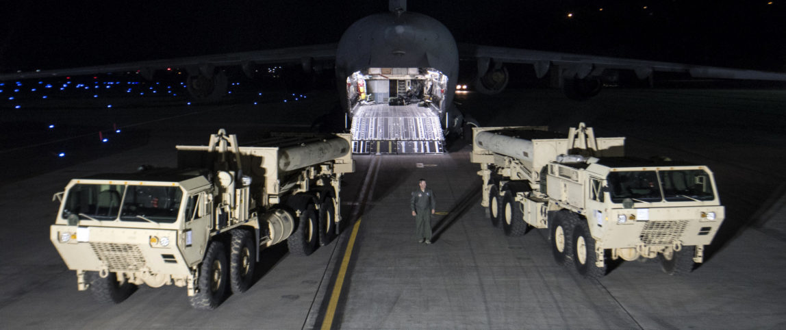 Trucks carrying parts of U.S. missile launchers and other equipment needed to set up Terminal High Altitude Area Defense (THAAD) missile defense system arrive at Osan air base in Pyeongtaek, South Korea, March 6, 2017. (U.S. Force Korea/AP)