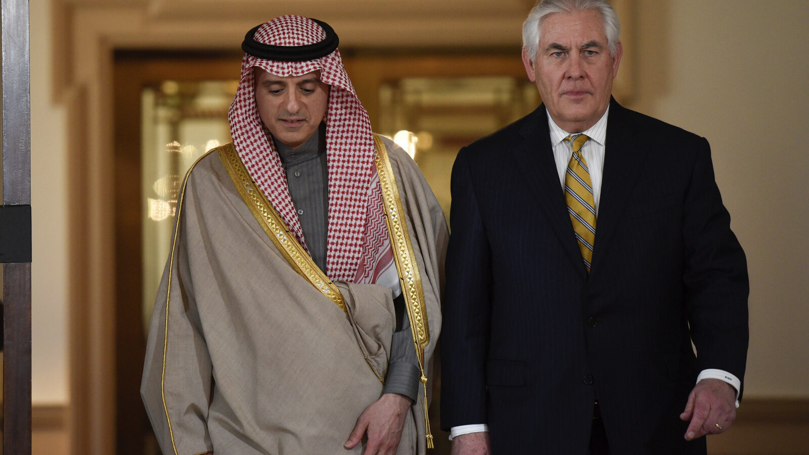 Secretary of State Rex Tillerson and Saudi Foreign Minister Adel Al-Jubeir meet at the State Department in Washington, Thursday, March 23, 2017. (AP/Sait Serkan Gurbuz)