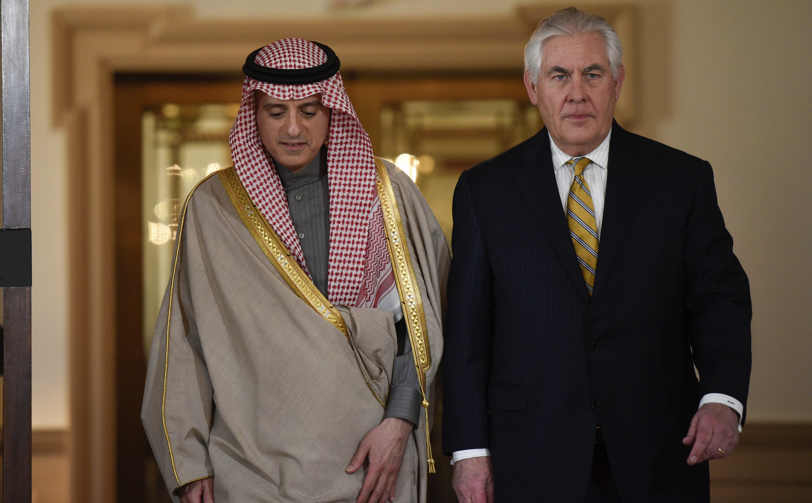 Secretary of State Rex Tillerson and Saudi Foreign Minister Adel Al-Jubeir meet at the State Department in Washington, Thursday, March 23, 2017. (AP/Sait Serkan Gurbuz)