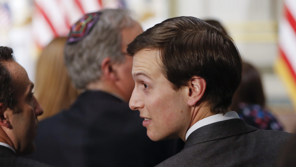 White House Senior Adviser Jared Kushner, takes his seat to watch Vice President Mike Pence administer the oath of office to U.S. Ambassador to Israel David M. Friedman, March 29, 2017. (AP/Pablo Martinez Monsivais)