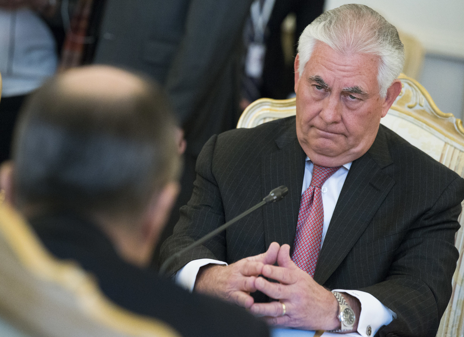 US Secretary of State Rex Tillerson listens, right, to Russian Foreign Minister Sergey Lavrov, back to a camera, during their meeting in Moscow, Russia, Wednesday, April 12, 2017. Tillerson's Moscow talks hinge on new US leverage over Syria. (AP/Alexander Zemlianichenko)