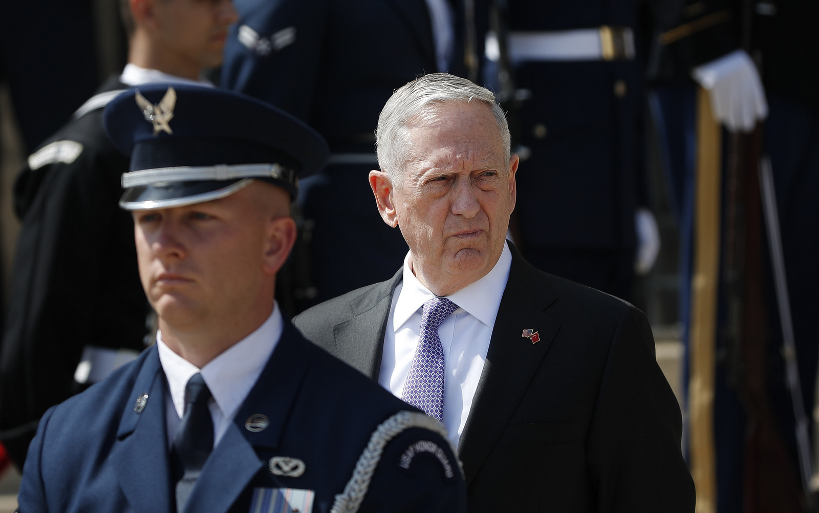 Defense Secretary Jim Mattis, waits for the arrival of Turkish Defense Minister Fikri Isik during an enhanced honor cordon at the Pentagon, Thursday, April 13, 2017. (AP/Pablo Martinez Monsivais)