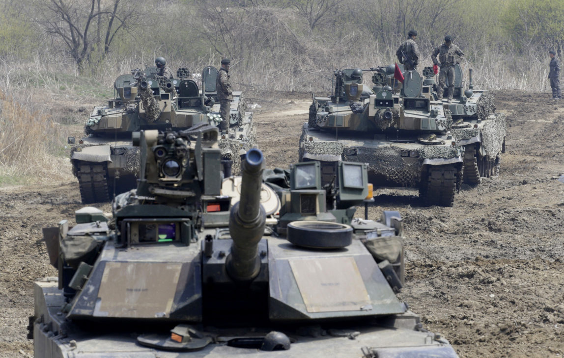 South Korean army soldiers stand on their tanks during a joint military exercise between the U.S. and South Korea in Paju, near the border with North Korea, South Korea, April 15, 2017. (AP/Ahn Young-joon)
