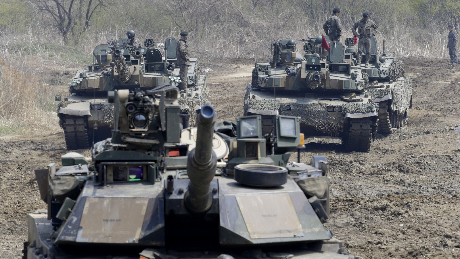 South Korean army soldiers stand on their tanks during a joint military exercise between the U.S. and South Korea in Paju, near the border with North Korea, South Korea, April 15, 2017. (AP/Ahn Young-joon)