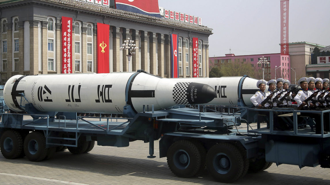 A submarine missile is paraded across Kim Il Sung Square during a military parade in Pyongyang, North Korea to celebrate the 105th birth anniversary of Kim Il Sung, the country's late founder and grandfather of current ruler Kim Jong Un. April 15, 2017. (AP/Wong Maye-E)