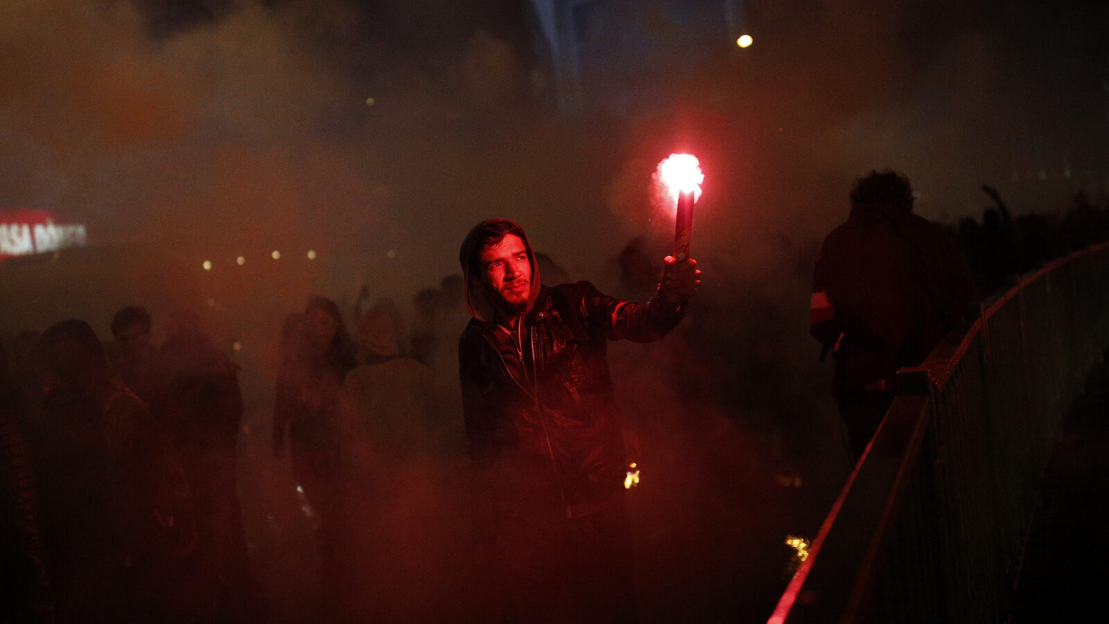 A supporter of the 'no' vote lights a flare during a protest in Istanbul, against the referendum outcome, Monday, April 17, 2017. Turkey's main opposition party urged the country's electoral board Monday to cancel the results of a landmark referendum that granted sweeping new powers to Erdogan, citing what it called substantial voting irregularities. (AP/Emrah Gurel)