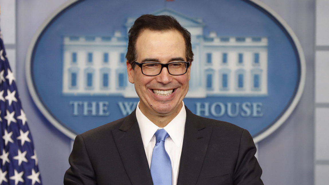 Treasury Secretary Steve Mnuchin smiles while speaking to the media during the daily briefing in the Brady Press Briefing Room of the White House in Washington, Monday, April 24, 2017. (AP/Pablo Martinez Monsivais)