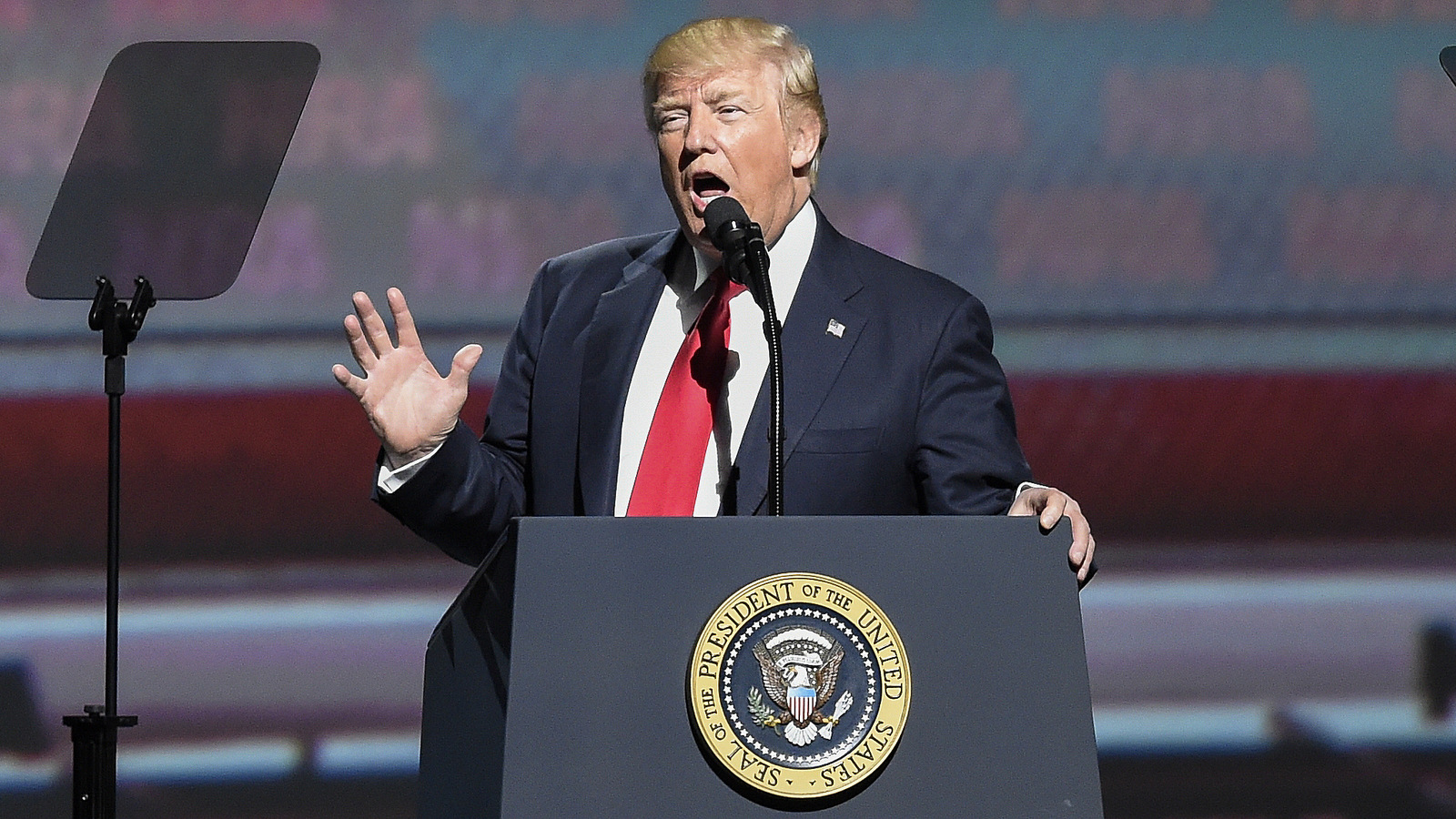 President Donald Trump speaks during the National Rifle Association-ILA Leadership Forum, April 28, 2017, in Atlanta. (AP/Mike Stewart)