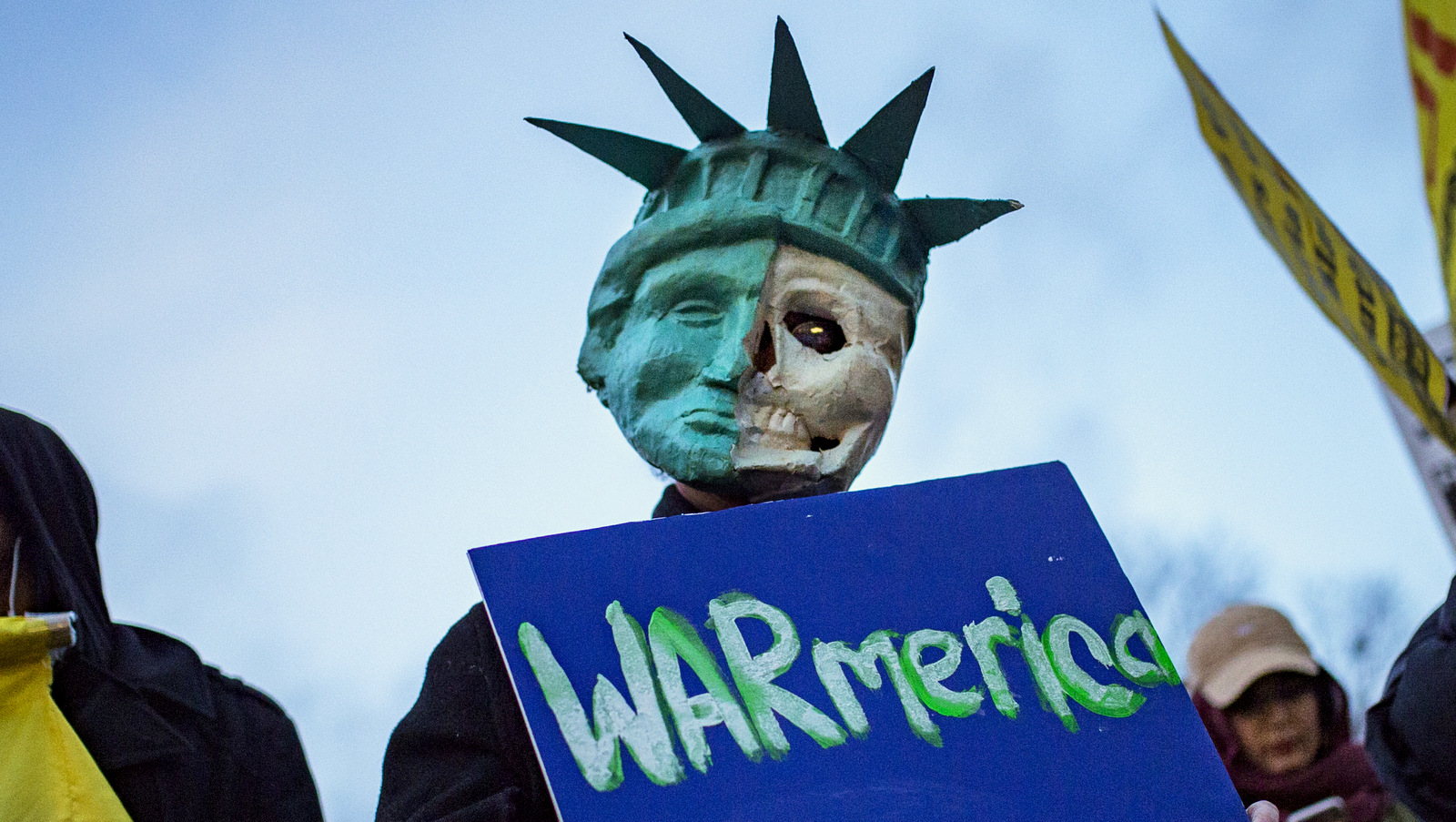 A protest against the US missile strike against Syria during a rally in New York on Friday, April 7, 2017. (AP/Andres Kudacki)