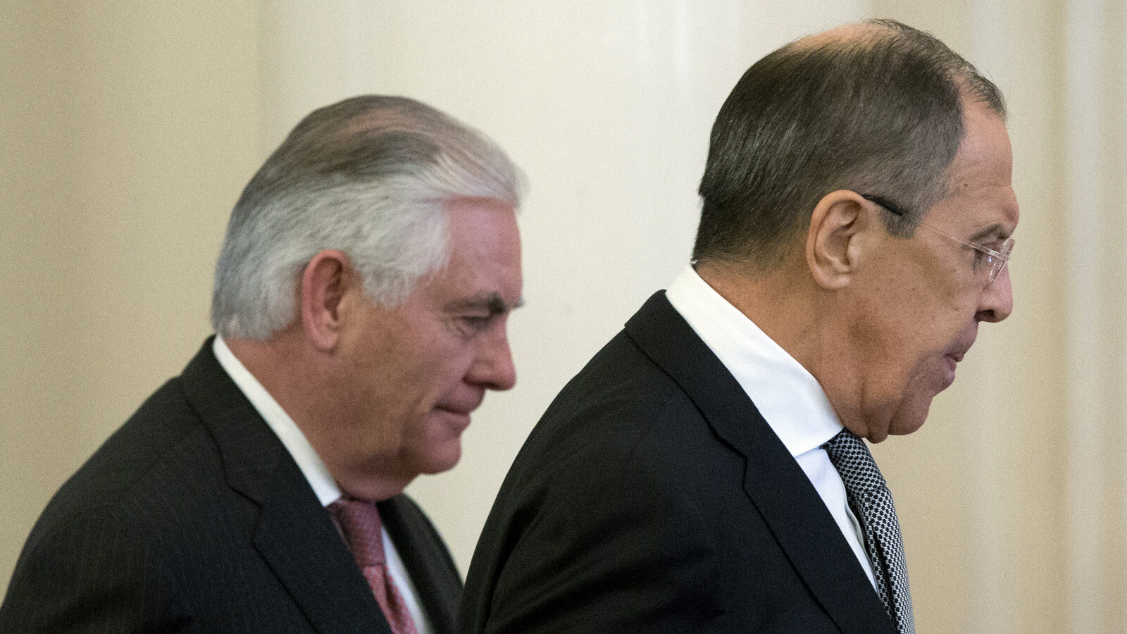 US Secretary of State Rex Tillerson, left, and Russian Foreign Minister Sergey Lavrov walk prior to their talks in Moscow, Russia, Wednesday, April 12, 2017. Tillerson's Moscow talks hinge on new US leverage over Syria. (AP/Alexander Zemlianichenko)