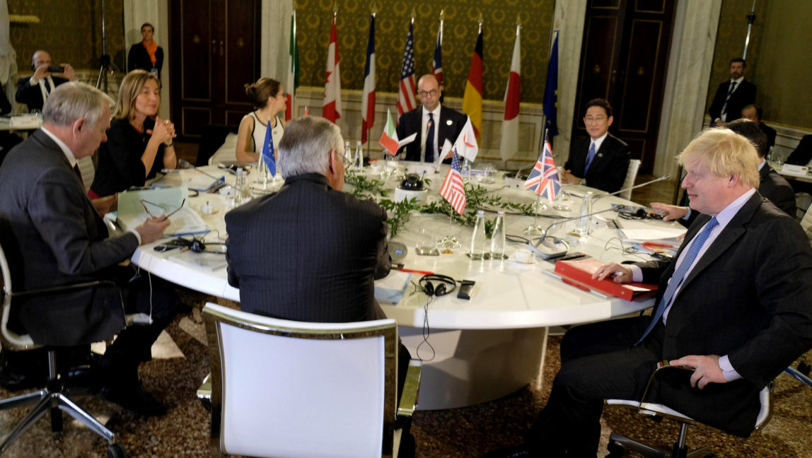 G7 foreign ministers sit at the table during the meeting of Foreign Ministers of the G7 countries in Lucca, Italy, Monday, April 10, 2017. Foreign ministers from the Group of Seven industrialized nations are gathering in Lucca for a meeting given urgency by the chemical attack in Syria and the U.S. military response, with participants aiming to pressure Russia to end its support for President Bashar Assad. (Riccardo Dalle Luche/ANSA via AP)