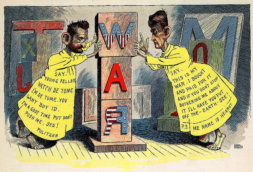 Editorial cartoon by Leon Barritt, circa 1898 shows newspaper publishers Joseph Pulitzer and William Randolph Hearst pushing against opposite sides of a pillar of wooden blocks that spells WAR. This is a satire of the Pulitzer and Hearst newspapers' role in drumming up USA public opinion to go to war with Spain.