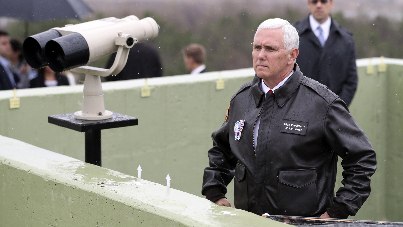 U.S. Vice President Mike Pence looks at the North side from Observation Post Ouellette in the Demilitarized Zone (DMZ), near the border village of Panmunjom, which has separated the two Koreas since the Korean War, South Korea, April 17, 2017.  (AP/Lee Jin-man)