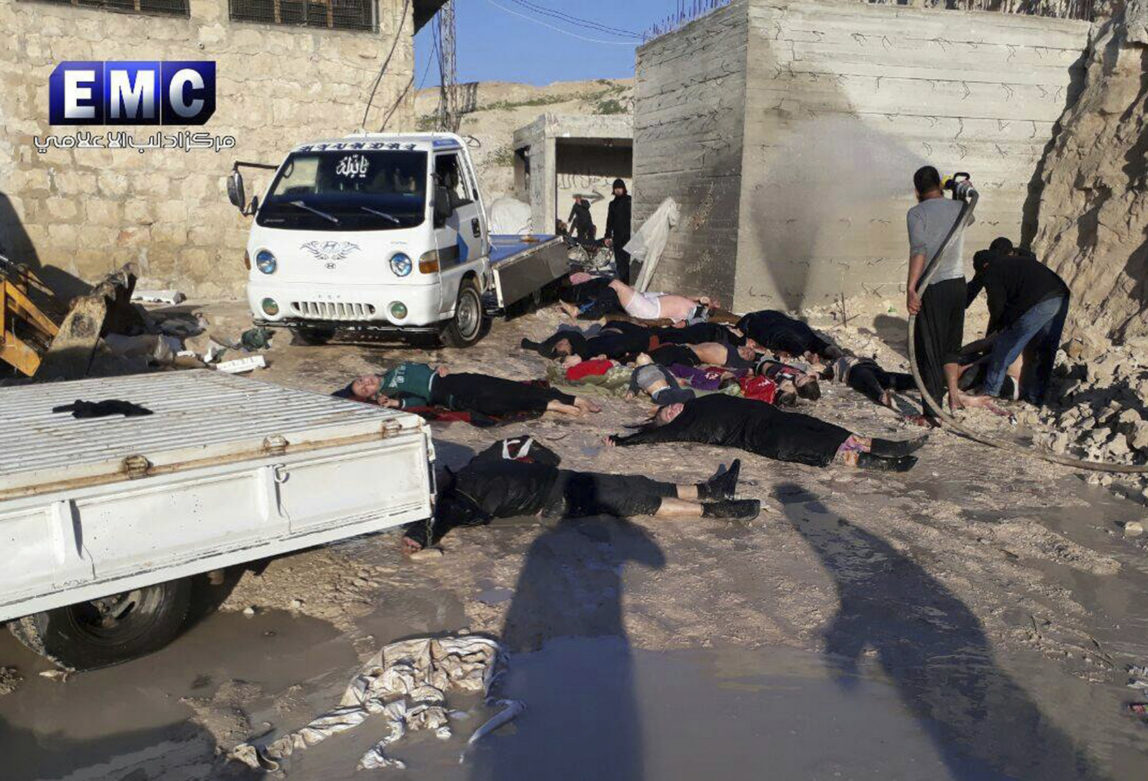 This frame grab from video provided on Tuesday April 4, 2017, by the Syrian anti-government group, the Edlib Media Center, shows victims of a suspected chemical attack, in the town of Khan Sheikhoun, northern Idlib province, Syria. (Edlib Media Center, via AP)