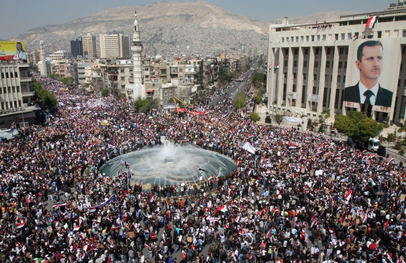 An estimated 2 million Syrians marched in Damascus, Syia in support of President Bashar al-Assad on March 29th, 2011.