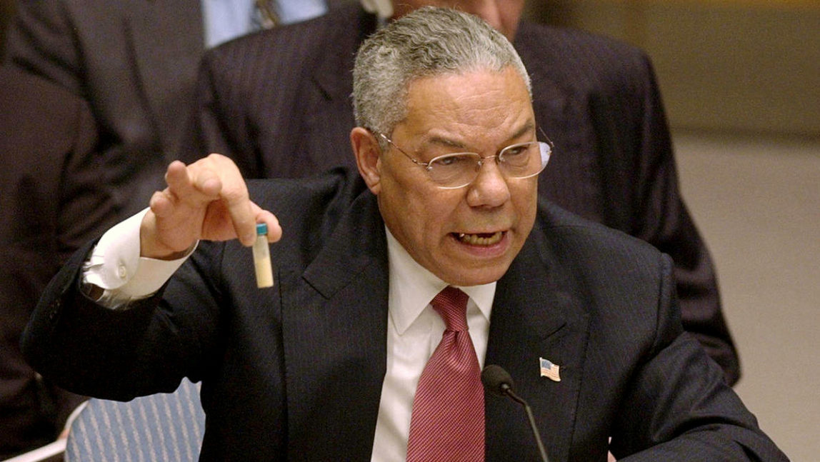 Colin Powell holds up a vial he said could contain anthrax as he presents evidence of Iraq's alleged weapons programs to the United Nations Security Council in this Feb. 5, 2003 file photo. (Photo: AP/Elise Amendola)