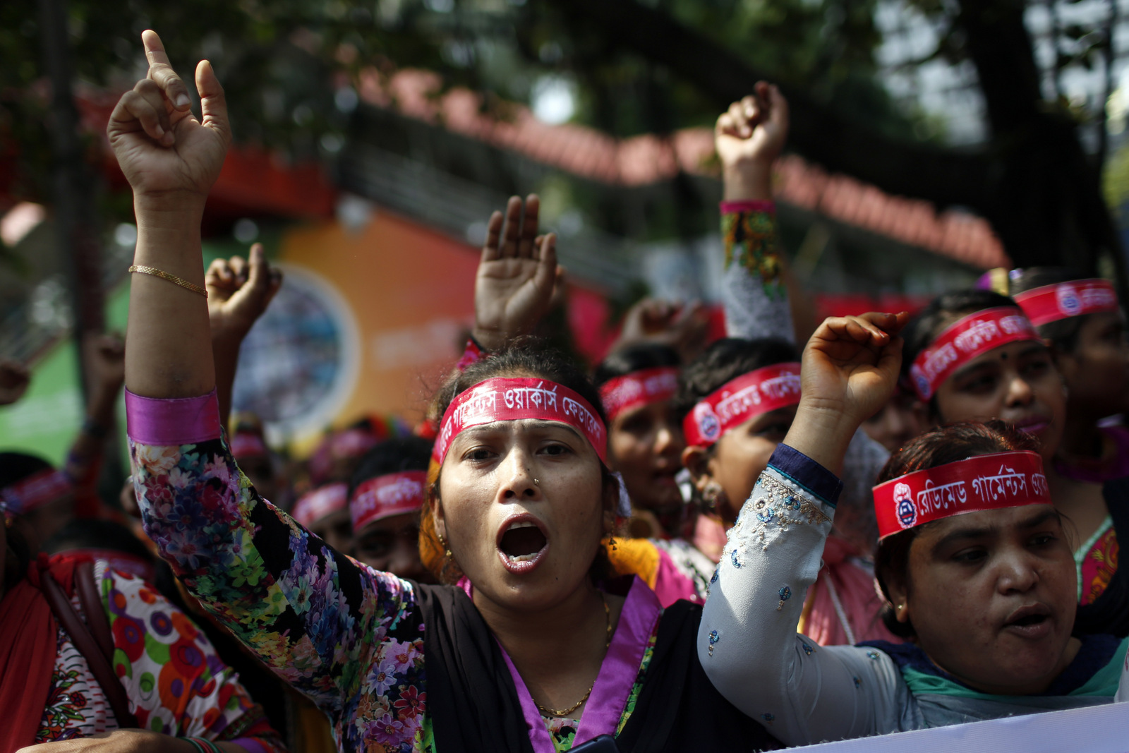 Bangladeshi garment workers shout slogans as they participate in a May Day rally in Dhaka, Bangladesh, Monday, May 1, 2017. Thousands of workers and activists marched during International Workers Day demanding higher wages and better work conditions. 