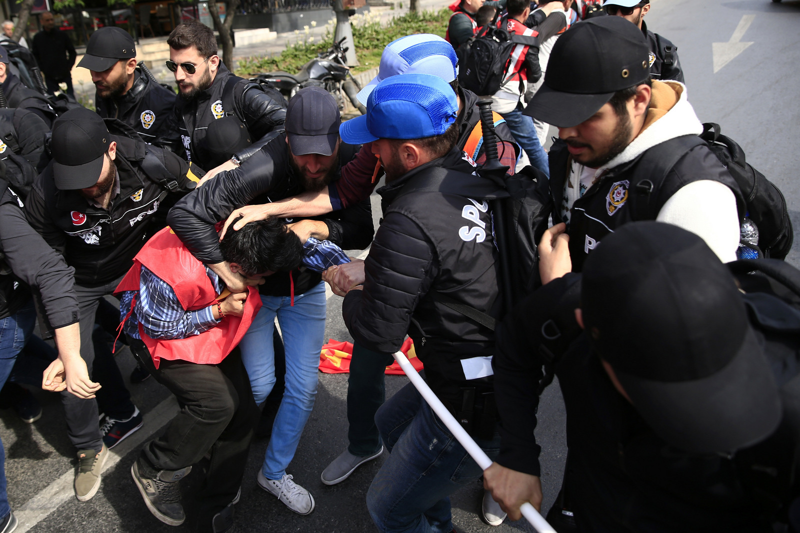 Police arrest demonstrators as they march during May Day, in Istanbul, Monday, May 1, 2017. Security forces prevented leftist groups trying to reach city's iconic Taksim Square to celebrate May Day. 
