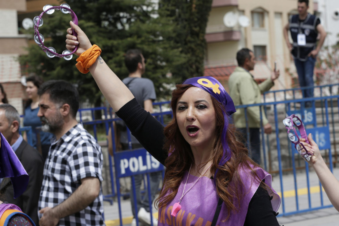 A protesters chant slogans during a May day protest in Ankara, Turkey , Monday, May 1, 2017. Workers and activists marked May Day with defiant rallies and marches for better pay and working conditions Monday.