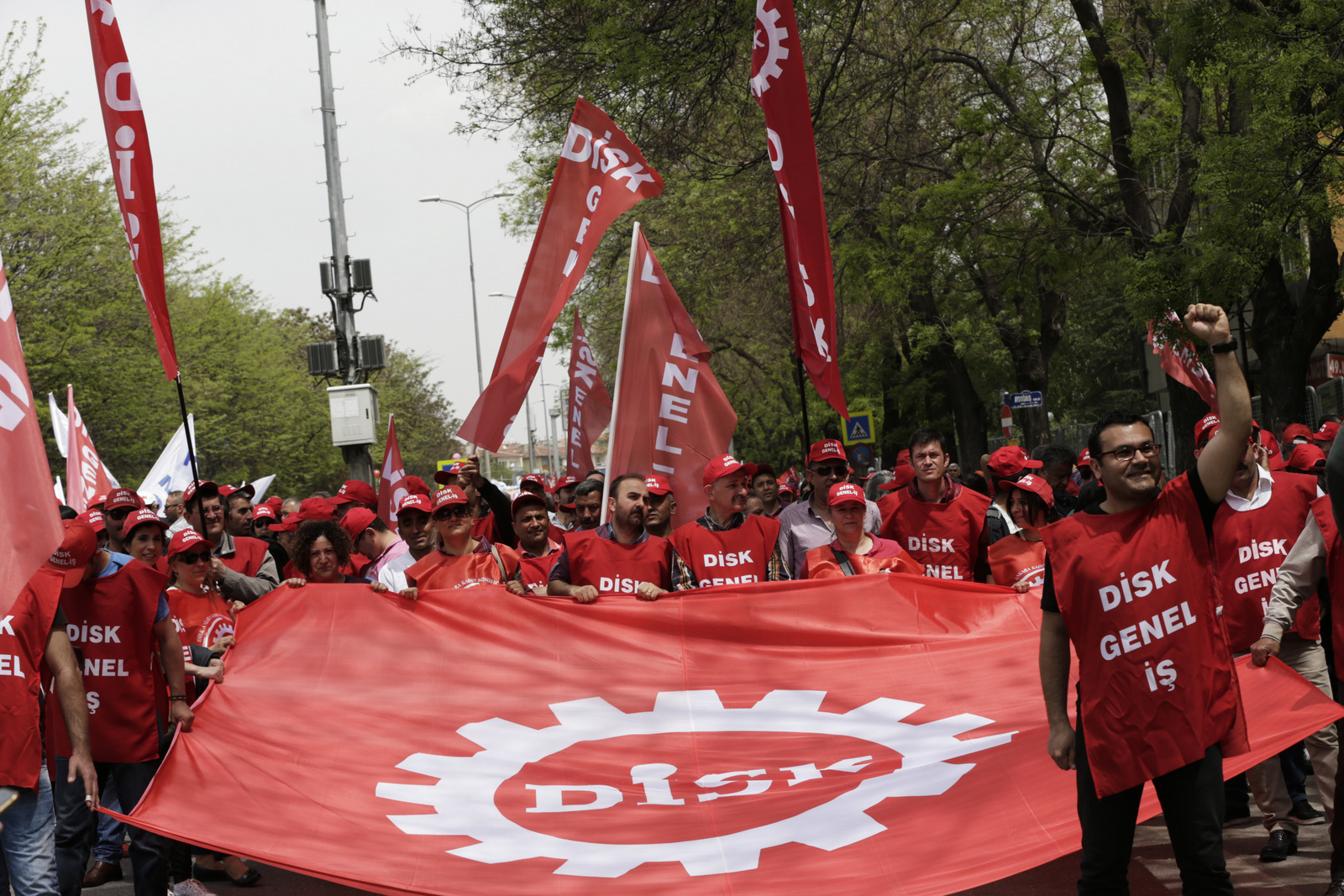 Protesters hold α banner and chant slogans during a May day protest in Ankara, Turkey , Monday, May 1, 2017. Workers and activists marked May Day with defiant rallies and marches for better pay and working conditions Monday.