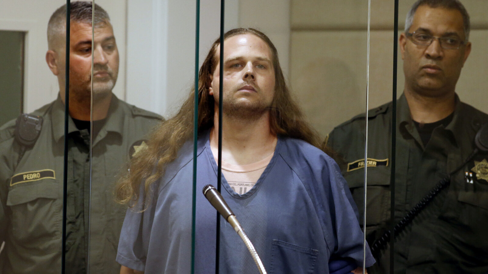 Jeremy Joseph Christian is arraigned in Multnomah County Circuit Court in Portland, Ore., Tuesday, May 30, 2017. Police have charged Christian with a double murder and hate crimes, after he cut the throats of two men and stabbed another on a commuter train late on Friday afternoon. (Beth Nakamura/The Oregonianl)