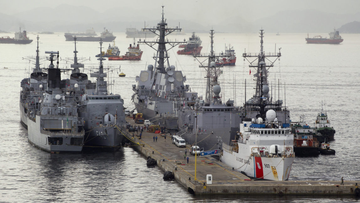 U.S. guided-missile destroyer Nitze, third from left, docks with other warships in Rio de Janeiro, Brazil during a joint military exercise, April 27, 2011. (AP/Victor R. Caivano)