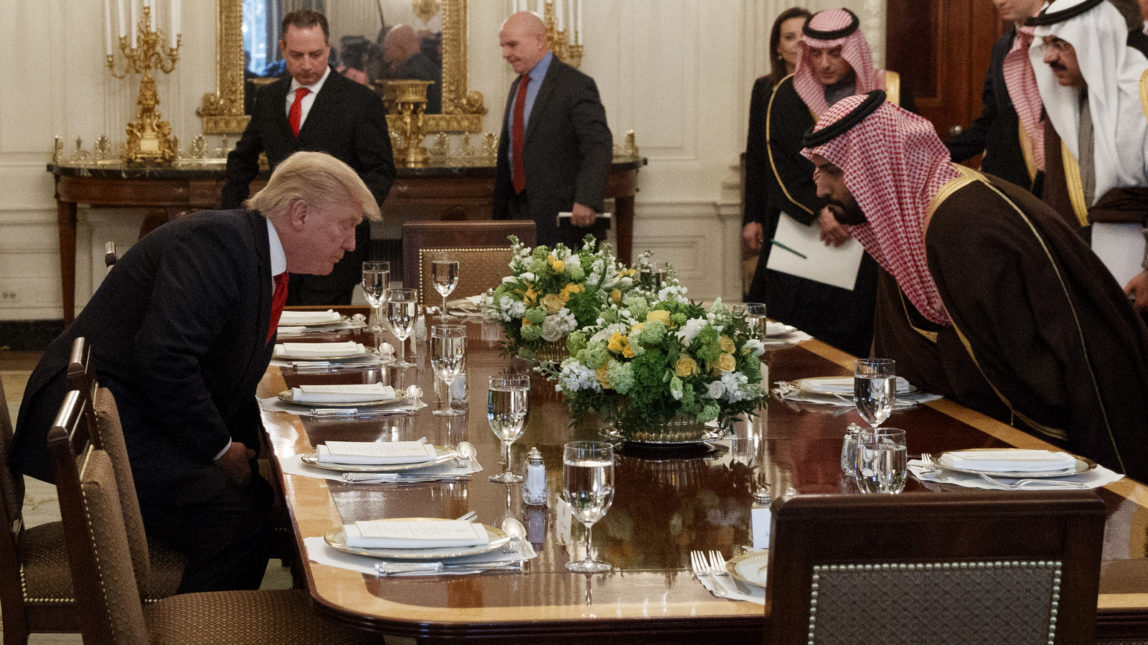 Donald Trump and Saudi Defense Minister and Deputy Crown Prince Mohammed bin Salman arrive for lunch in the State Dining Room of the White House in Washington, March 14, 2017. (AP/Evan Vcci)
