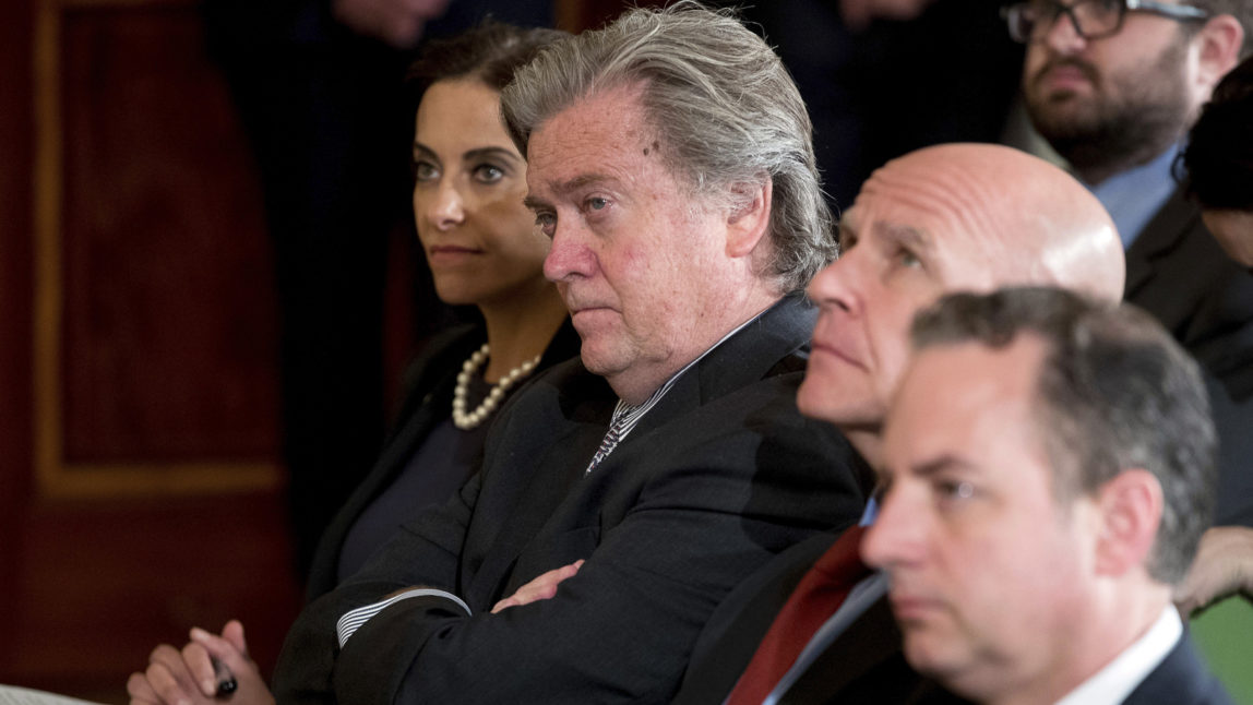 President Donald Trump's White House Senior Adviser Steve Bannon, and National Security Adviser H.R. McMaster, attend a news conference at the White House, April 12, 2017. (AP/Andrew Harnik)