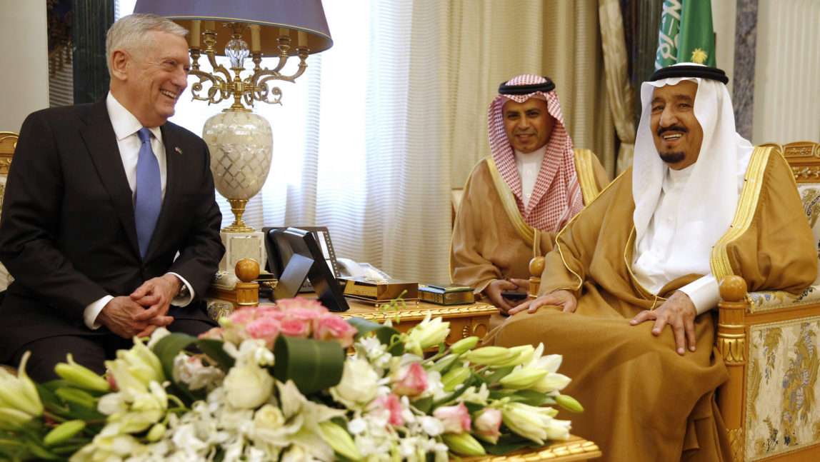 Saudi Arabia's King Salman meets with U.S. Defense Secretary James Mattis, in Riyadh, April 19, 2017. (Jonathan Ernst/AP)