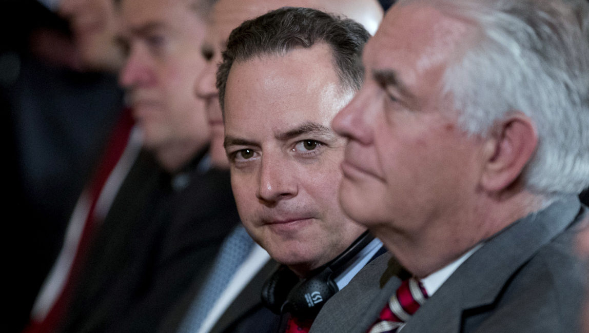 President Donald Trump's Chief of Staff Reince Priebus, center, attends a news conference in the East Room of the White House in Washington, April 20, 2017. (AP/Andrew Harnik)