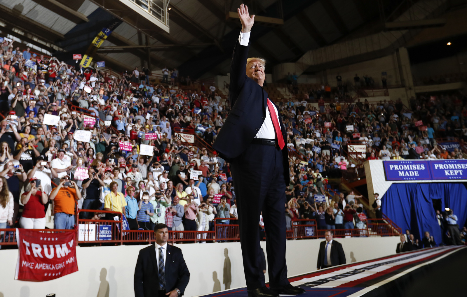 Day 100 - In this April 29, 2017, photo, President Donald Trump arrives to speak at the Pennsylvania Farm Show Complex and Expo Center in Harrisburg, Pa. (AP/Carolyn Kaster)