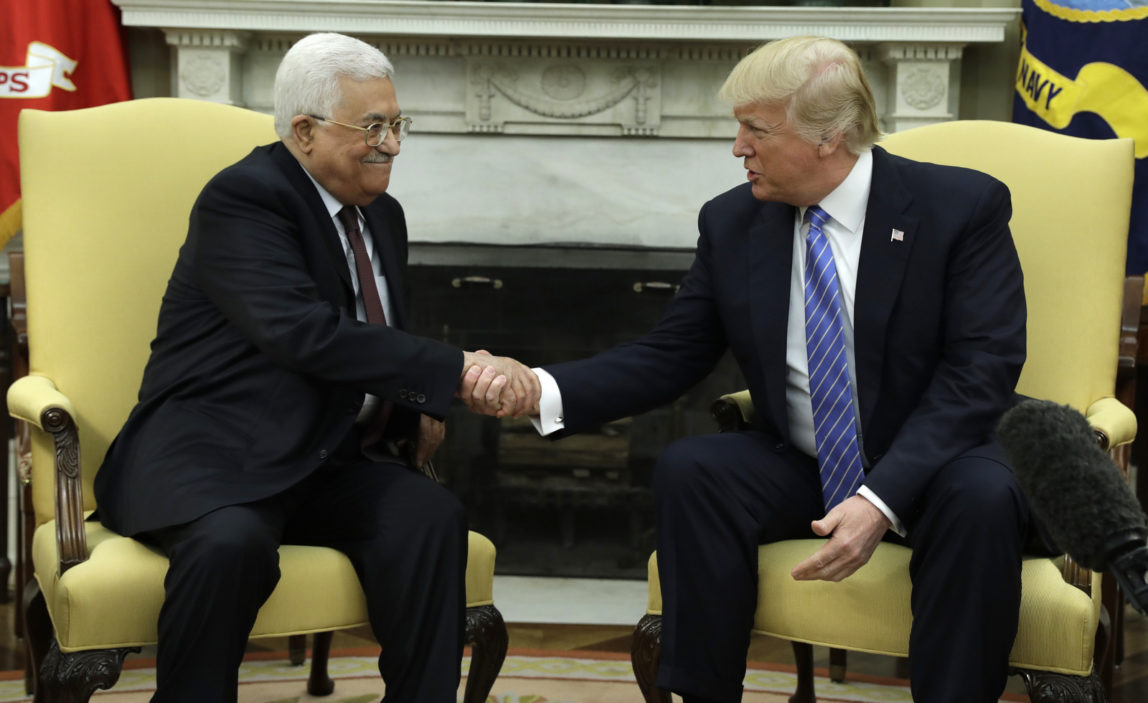 President Donald Trump shakes hands with with Palestinian leader Mahmoud Abbas during their meeting in the Oval Office of the White House, Wednesday, May 3, 2017, in Washington. (AP/Evan Vucci)