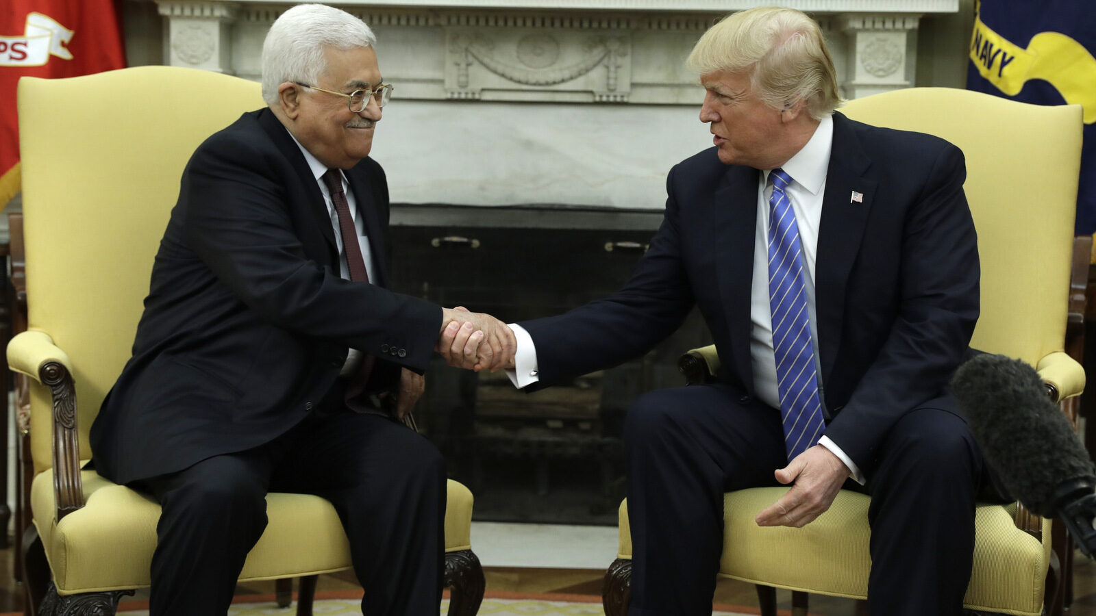 President Donald Trump shakes hands with with Palestinian leader Mahmoud Abbas during their meeting in the Oval Office of the White House, Wednesday, May 3, 2017, in Washington. (AP/Evan Vucci)