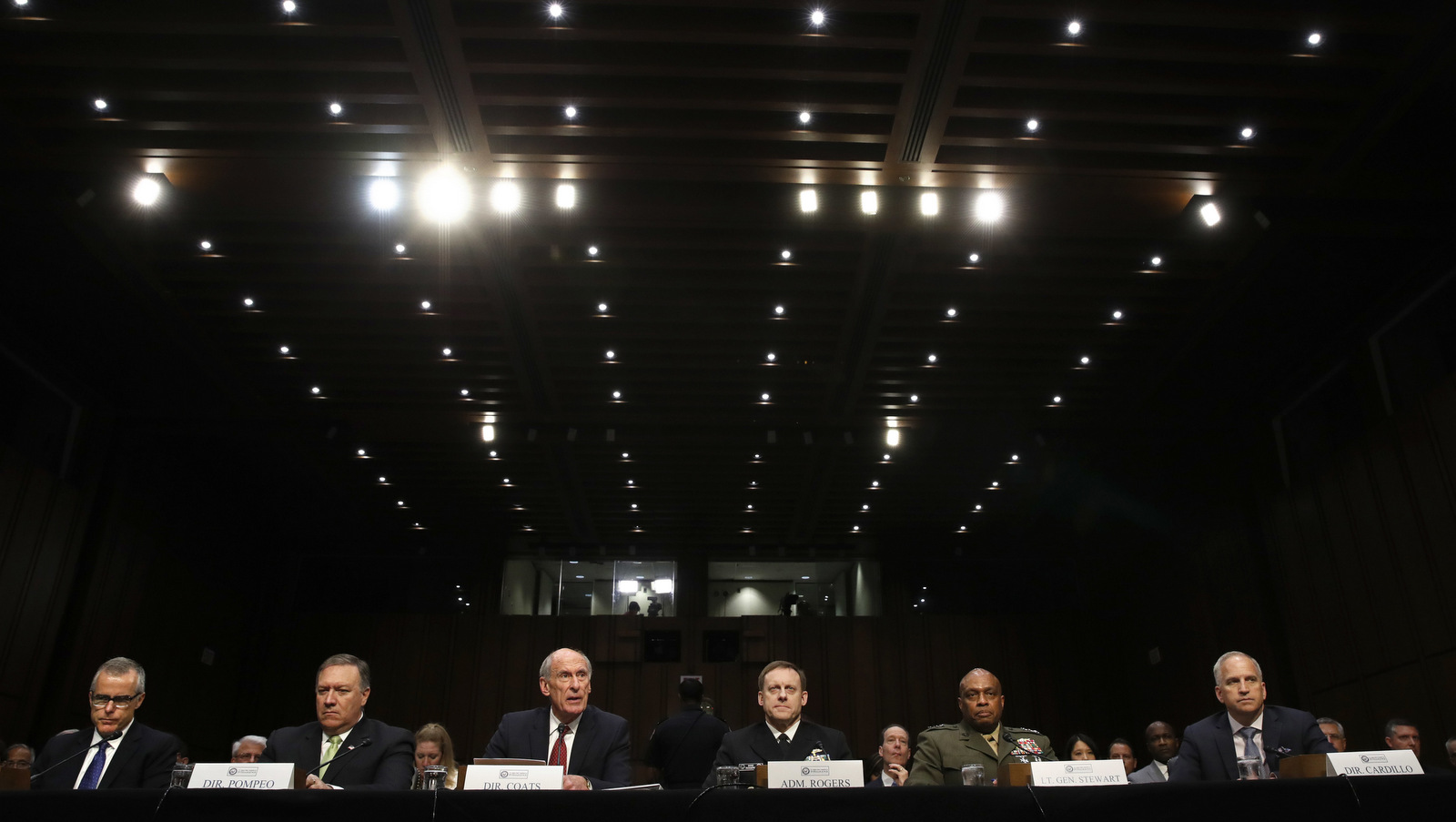 The Top brass of US intelligence agencies prepare to testify in Washington, May 11, 2017, before the Senate Intelligence Committee hearing on major threats facing the U.S. (AP/Jacquelyn Martin)