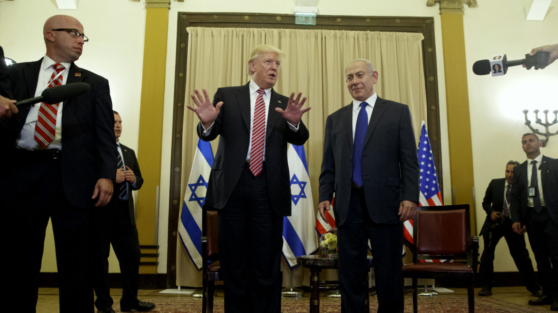 President Donald Trump talks to reporters before a meeting with Israeli Prime Minister Benjamin Netanyahu, May 22, 2017, in Jerusalem. (AP/Evan Vucci)