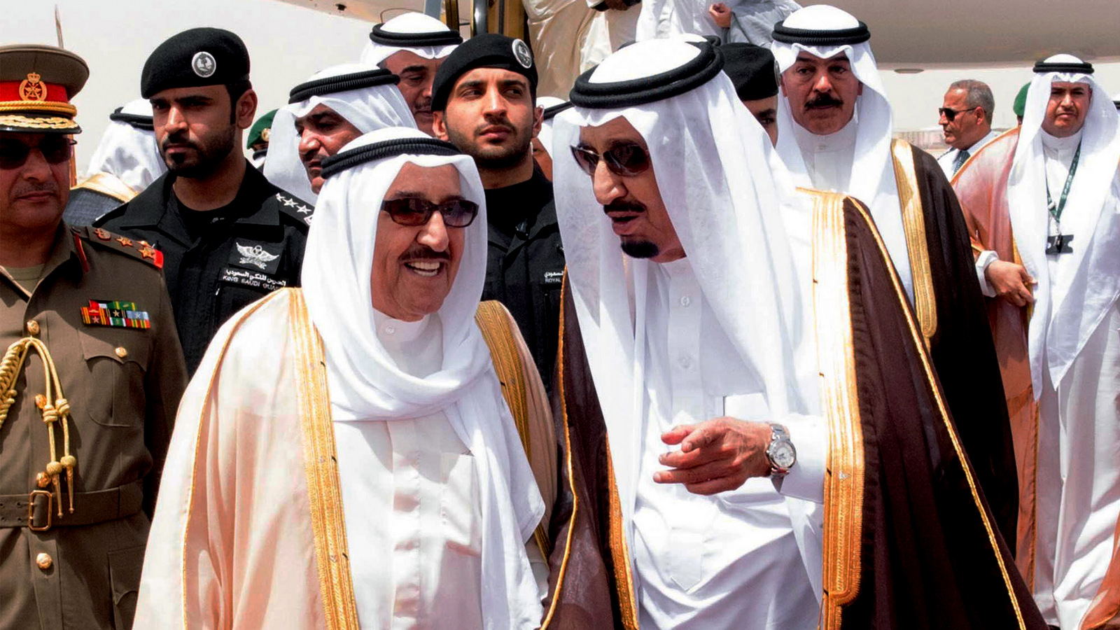 King Salman of Saudi Arabia, right, welcomes Kuwaiti Prince Sabah Al Ahmed Al Sabah upon his arrival to Riyadh Airbase before the opening of Gulf Cooperation Council summit in Riyadh, Saudi Arabia,, May 5, 2015. (Saudi Arabian Press/AP)