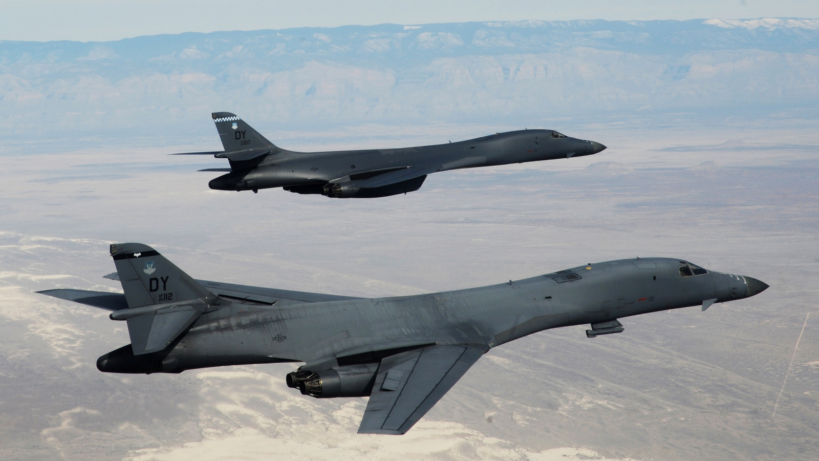 A two-ship of B-1B Lancers assigned to the 28th Bomb Squadron, Dyess Air Force Base, Texas, fly in formation over New Mexico during a training mission Feb. 24, 2010. (Photo: U.S. Air Force/Kevin J. Gruenwald)