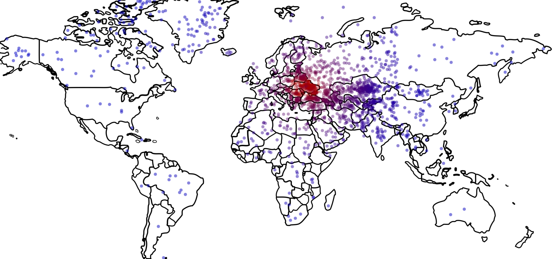Where’s Ukraine? Each dot depicts the location where a U.S. survey respondent situated Ukraine; the dots are colored based on how far removed they are from the actual country, with the most accurate responses in red and the least accurate ones in blue. (Data: Survey Sampling International; Figure: Thomas Zeitzoff/The Monkey Cage)