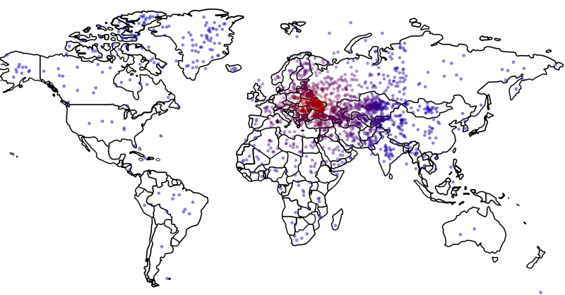 Where’s Ukraine? Each dot depicts the location where a U.S. survey respondent situated Ukraine; the dots are colored based on how far removed they are from the actual country, with the most accurate responses in red and the least accurate ones in blue. (Data: Survey Sampling International; Figure: Thomas Zeitzoff/The Monkey Cage)