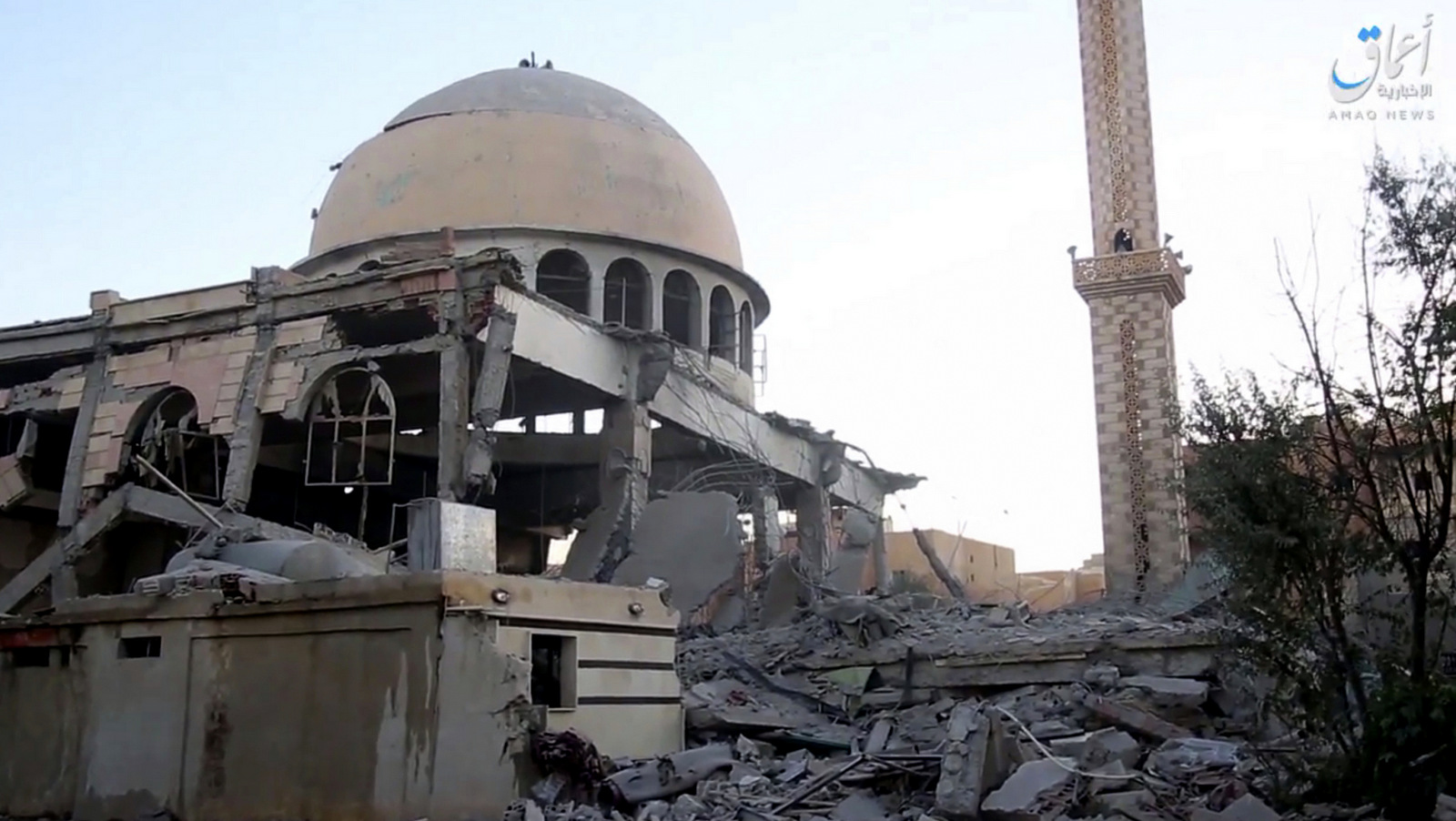 A mosque destroyed by bombardment by the U.S.-led coalition  in the northern Syrian city of Raqqa. (Aamaq News Agency via AP)