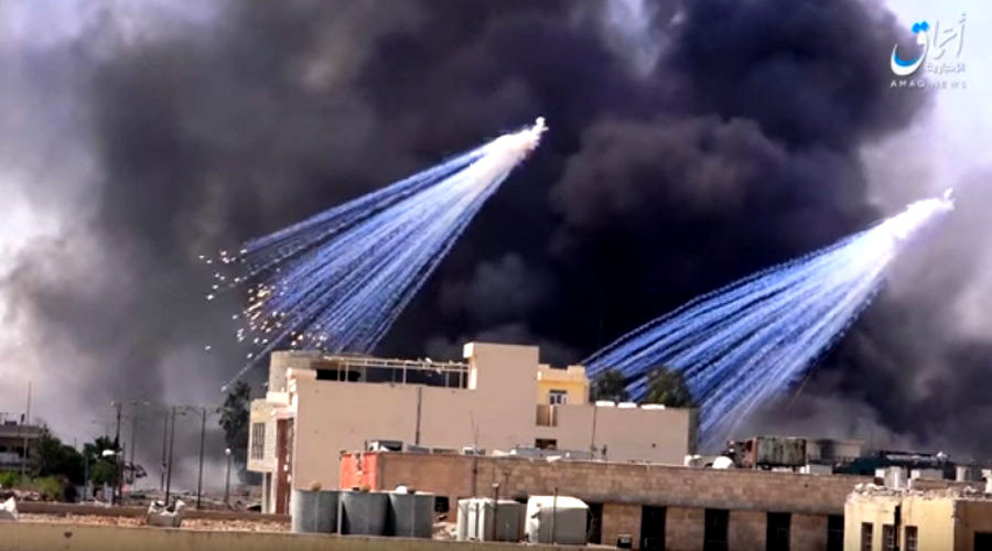 Alleged deployment of white phosphorus munitions in Raqqa, Syria. as reported by ISIS-linked Amaq news. (Photo: YouTube)