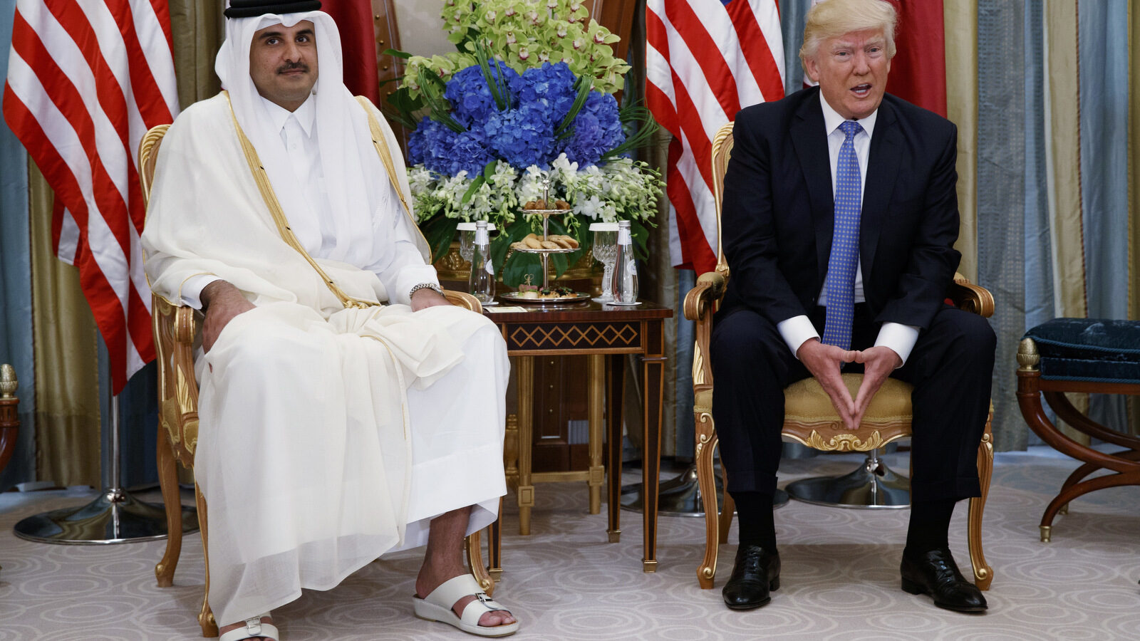 President Donald Trump, right, holds a meeting with Qatar's Emir Sheikh Tamim Bin Hamad Al-Thani, in Riyadh, Saudi Arabia, May 21, 2017. (AP/Evan Vucci)