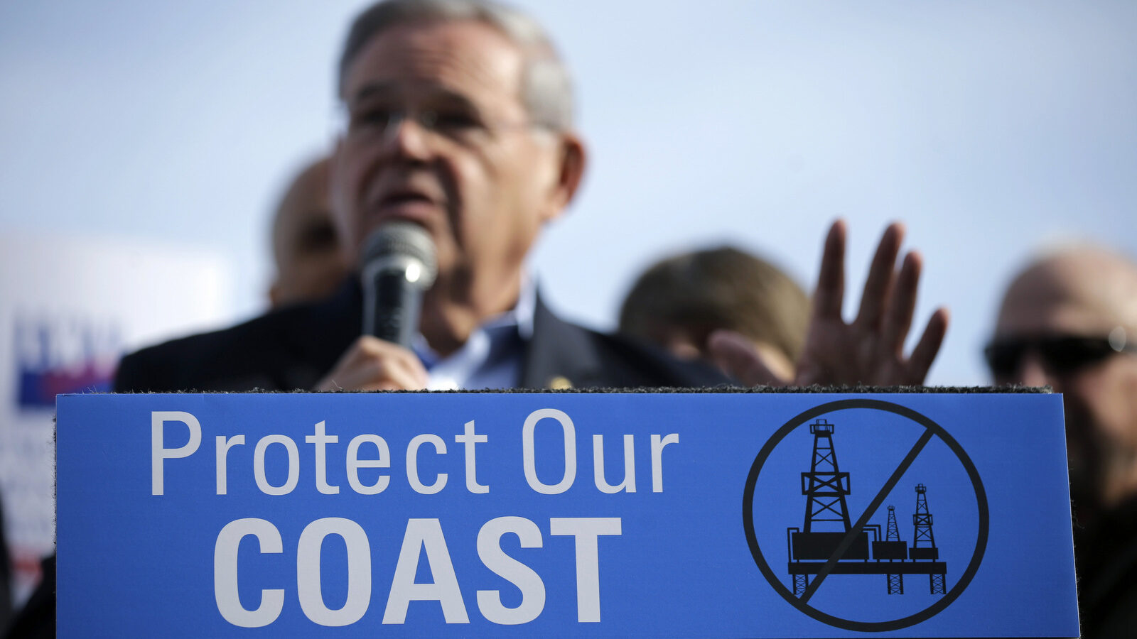 Sen. Bob Menendez addresses a large rally in Asbury Park, N.J., opposing federal plans that would allow oil and gas drilling in the Atlantic Ocean, Jan. 31, 2016. (AP/Mel Evans)
